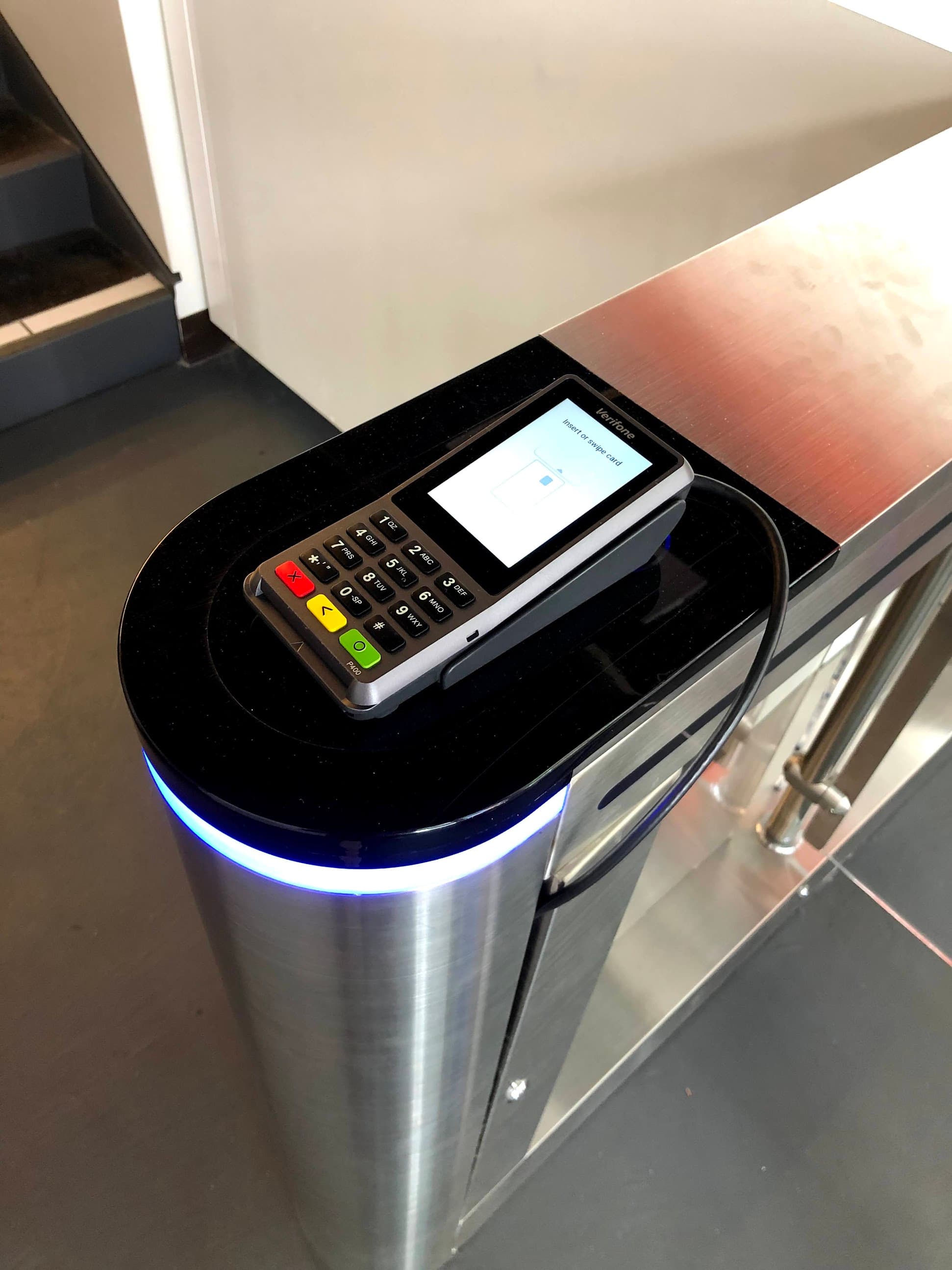 Stripe Terminal Verifone P400 card reader at Zippin's SF demo store entry