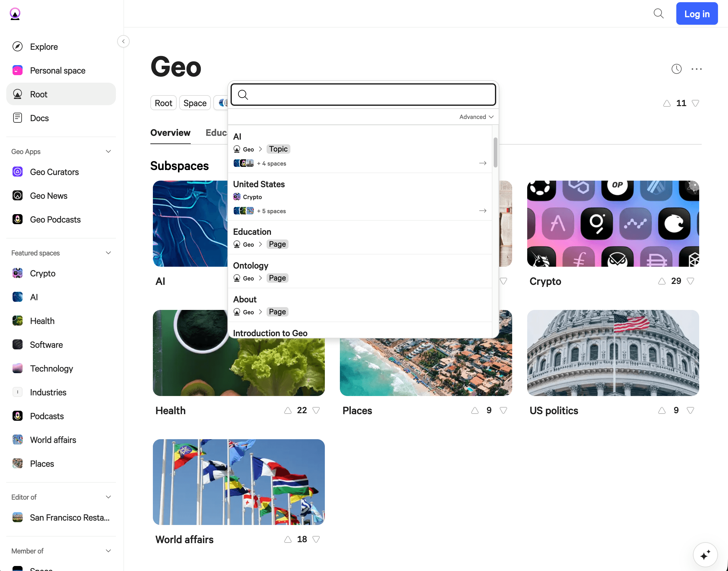 Geo search dropdown showing results grouped by space, topic, and organization