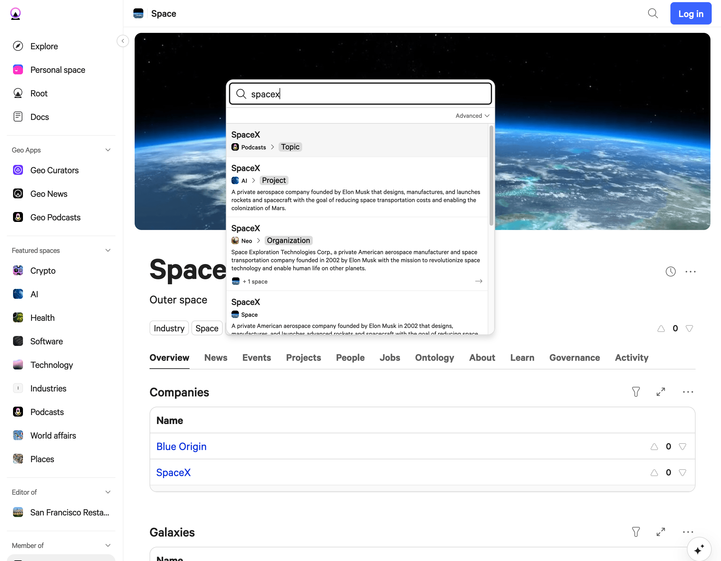 Geo search for 'spacex' showing ranked results across topics, projects, and organizations
