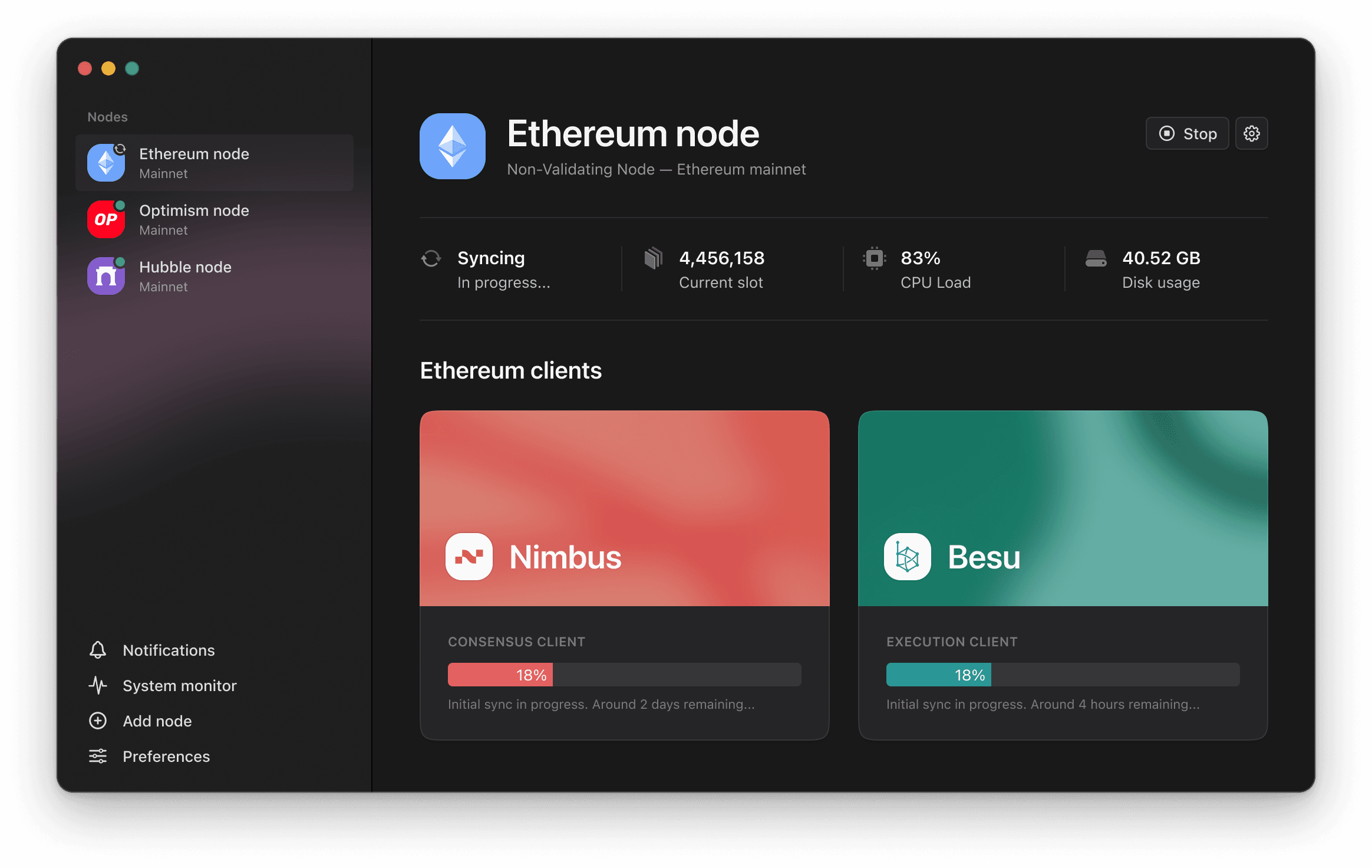 NiceNode desktop app showing an Ethereum node syncing, with Nimbus and Besu client cards